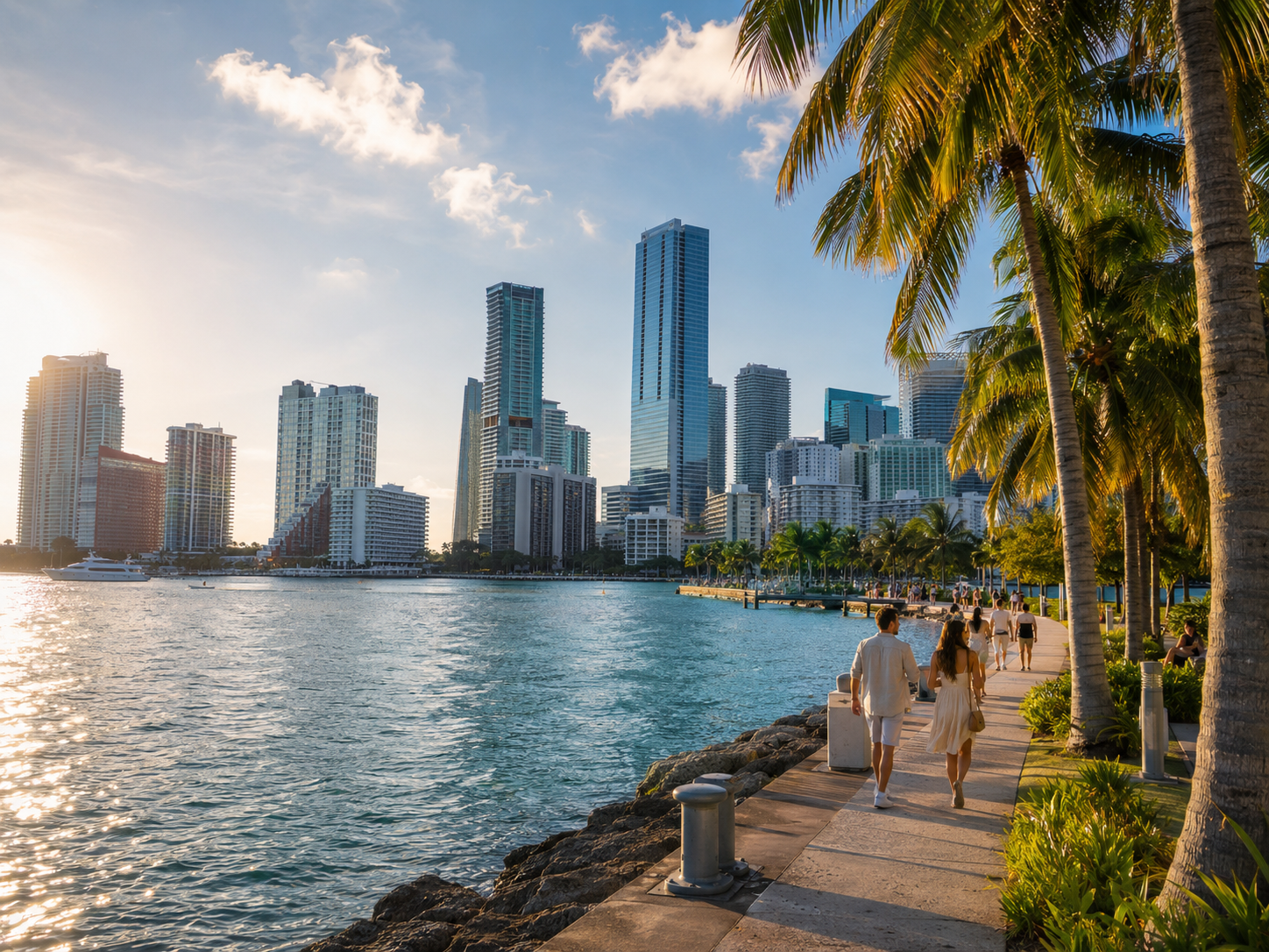 Edgewater bayfront condo living and central-access visual for Miami relocation tradeoffs