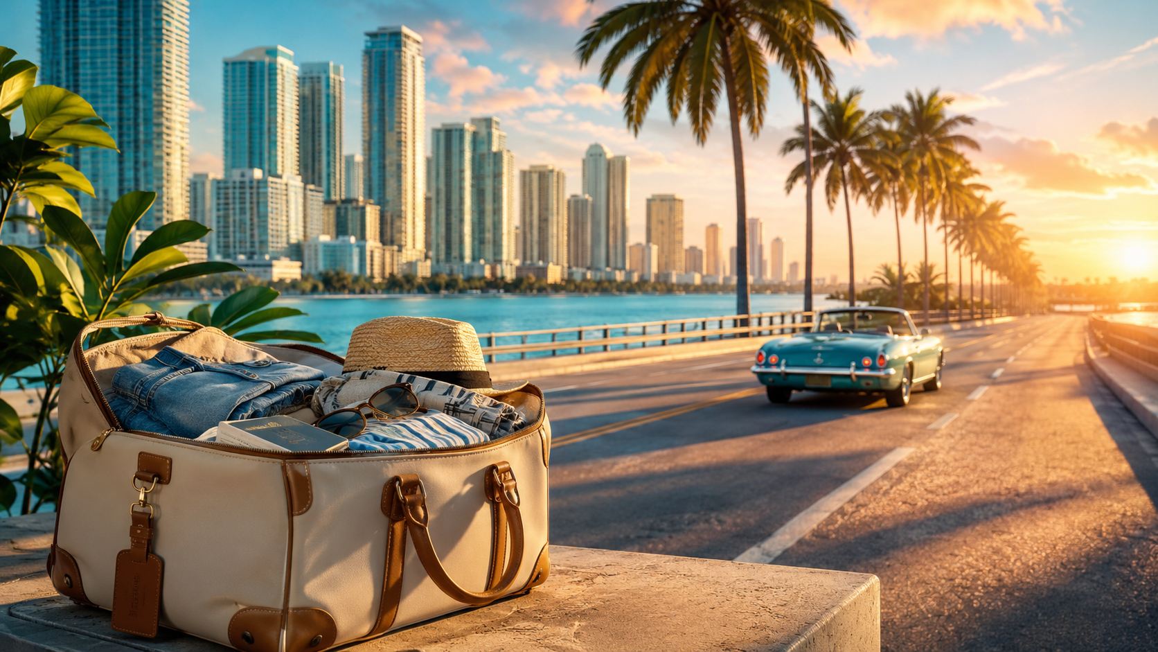 Packed travel bag on a Miami causeway at sunset before leaving the city