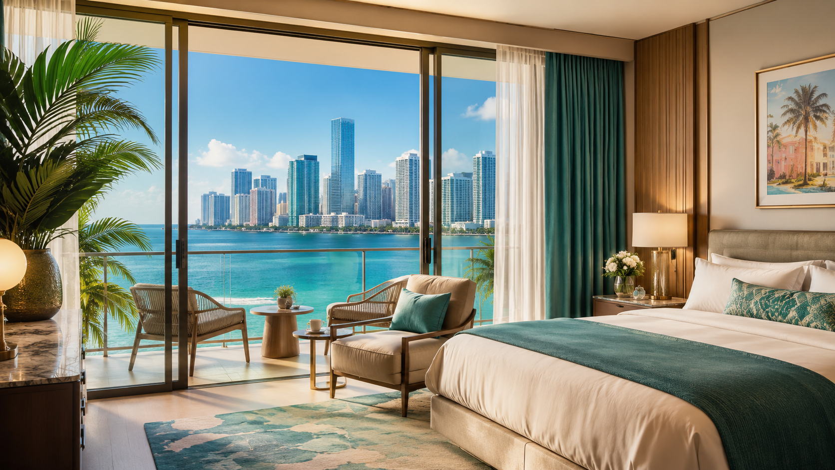 Comfortable hotel room with Miami waterfront skyline view
