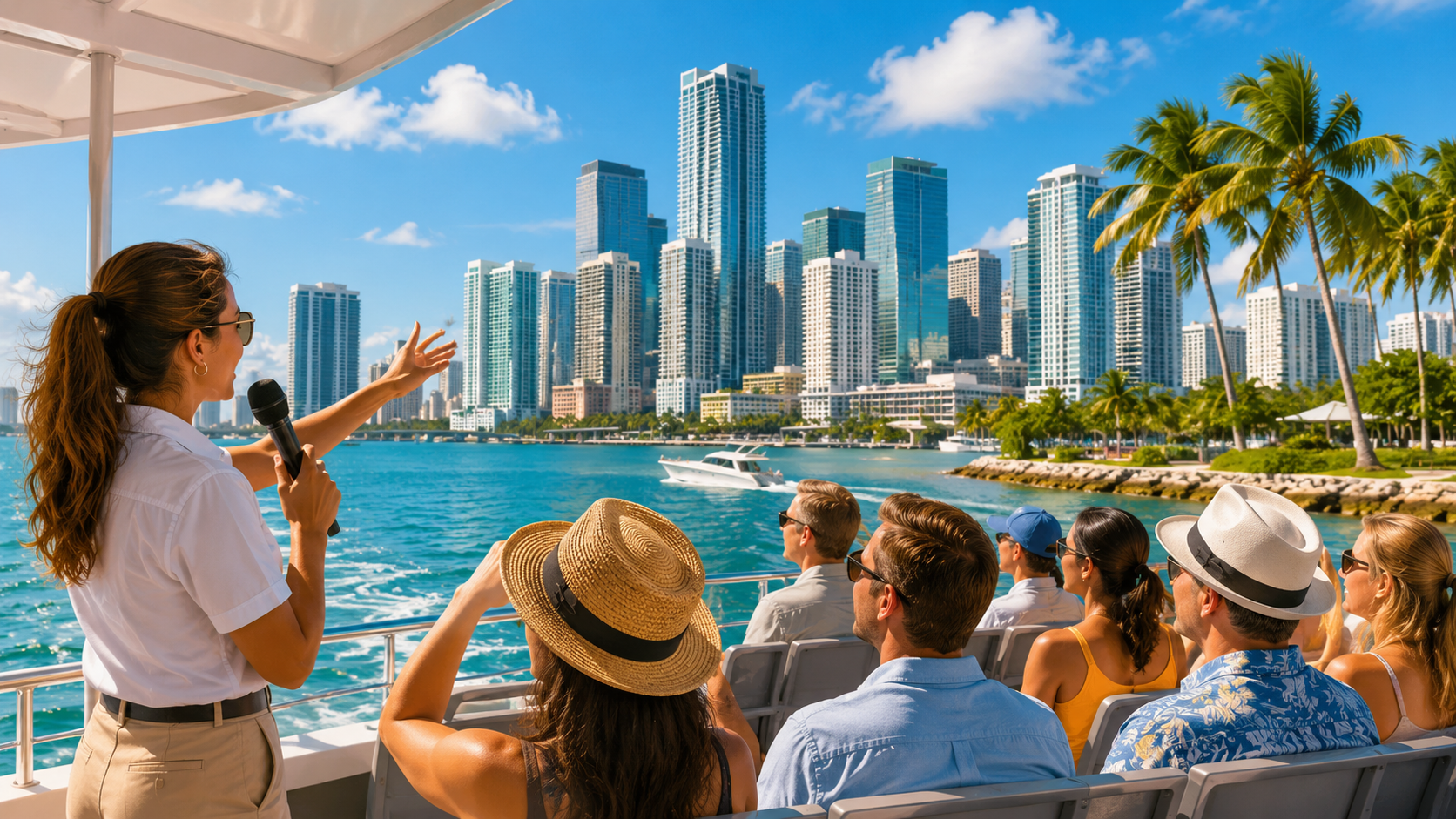 Sightseeing boat tour with Miami skyline and waterfront
