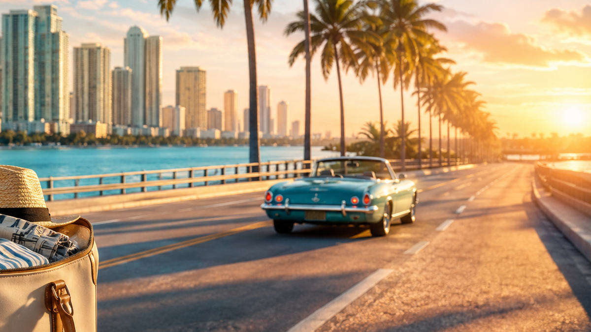 Scenic Miami waterfront road leading away from the city at sunset