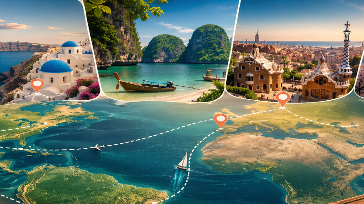 Scenic travel map with coastal destinations and route markers