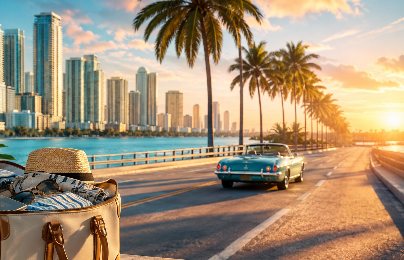 Packed travel bag beside a scenic Miami waterfront road at sunset