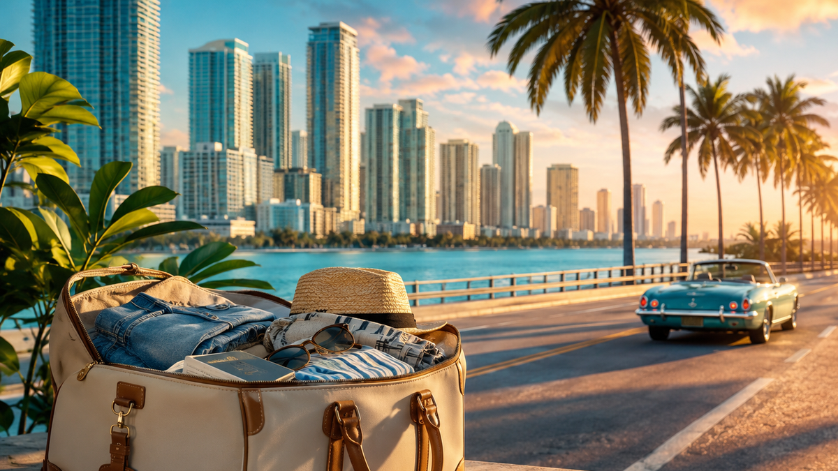 Miami skyline and waterfront road at sunset with a packed travel bag