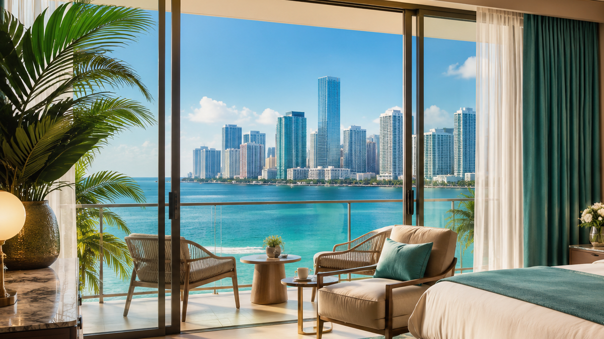 Quiet Miami room with a bay and skyline view