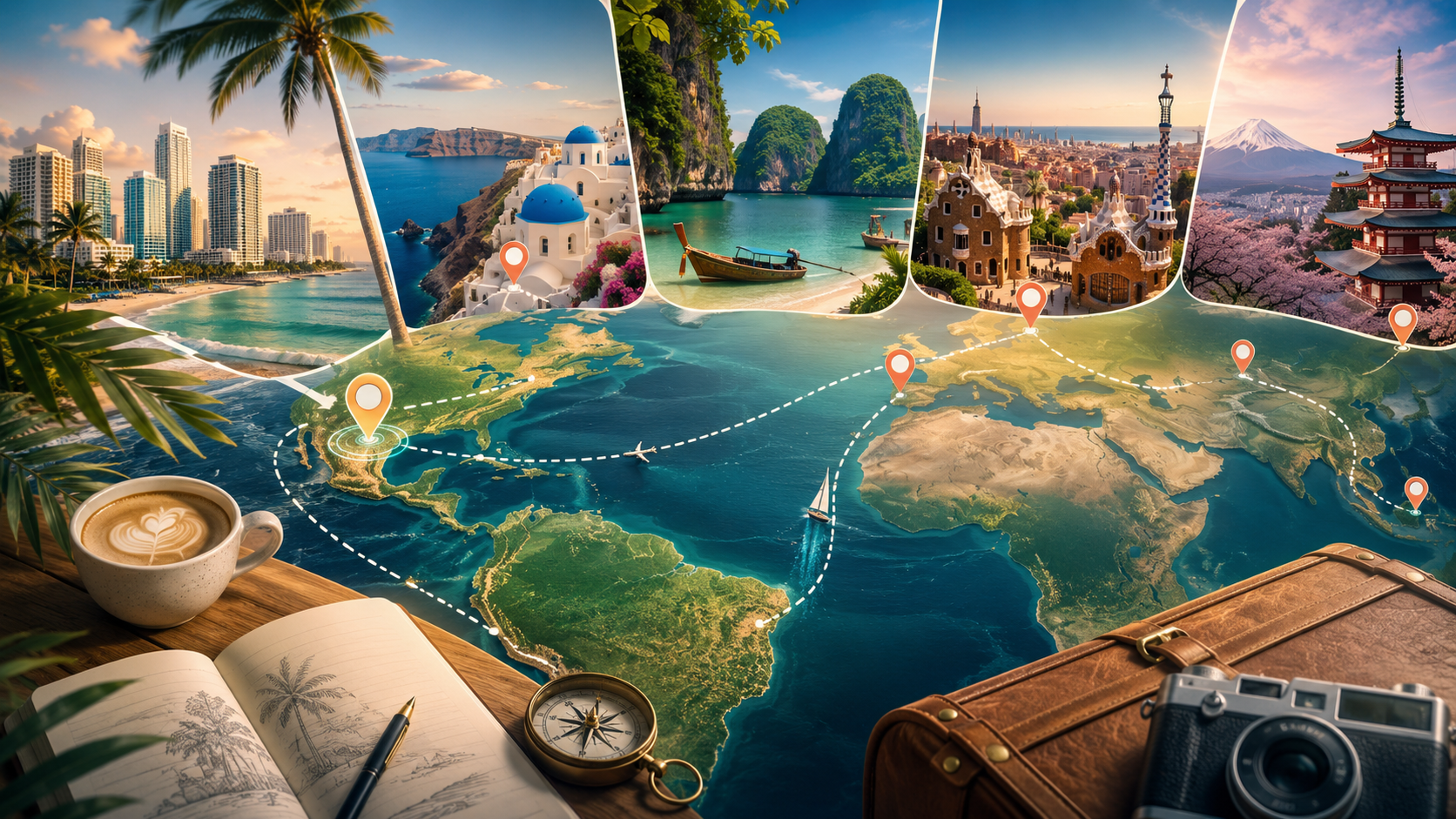 Map-style travel-planning collage for destinations after Miami