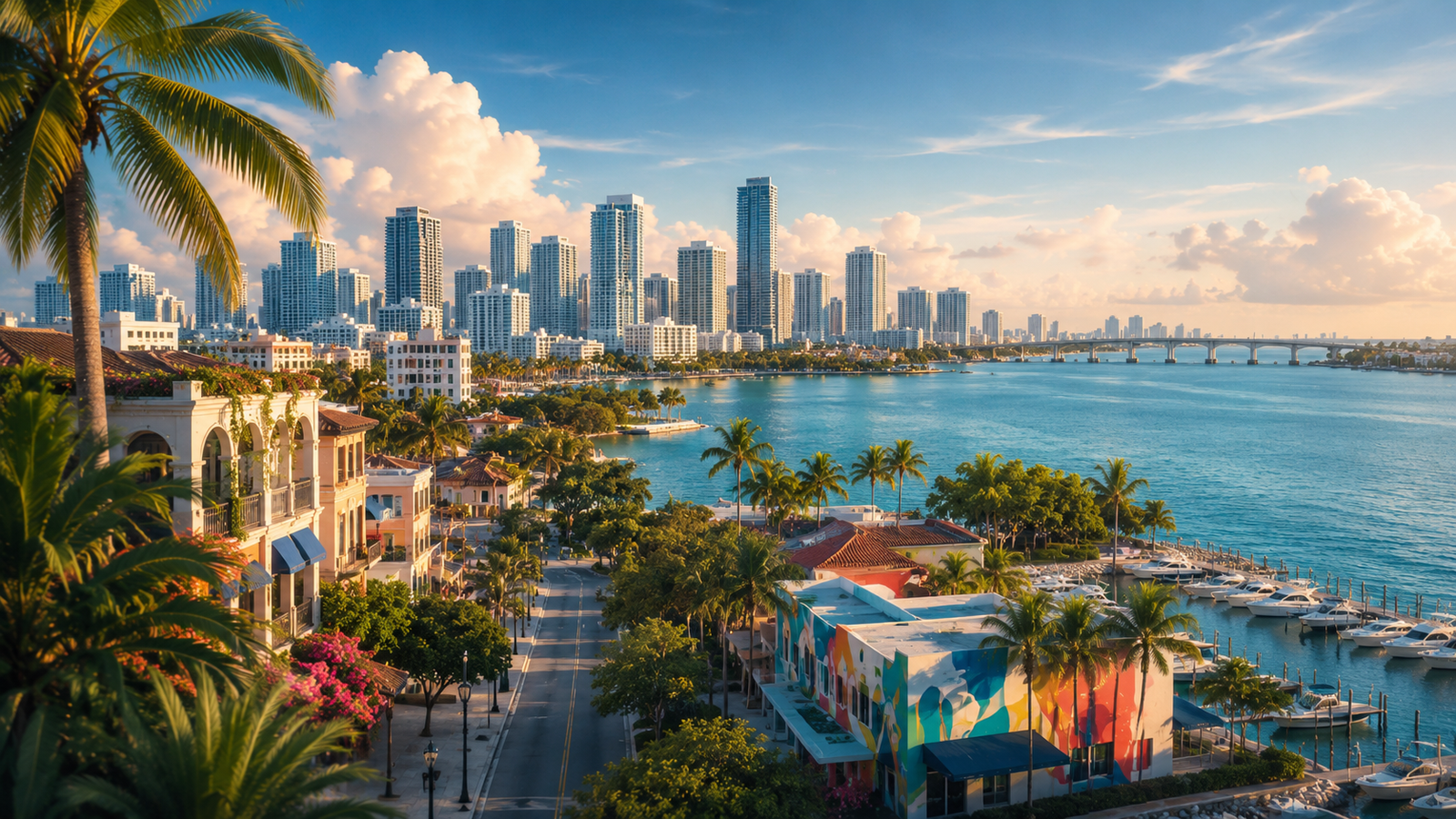 Miami area chooser hero with waterfront, skyline, and neighborhood cues
