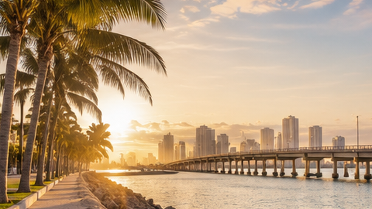 Launch-day Miami activity card with palms, water, and skyline