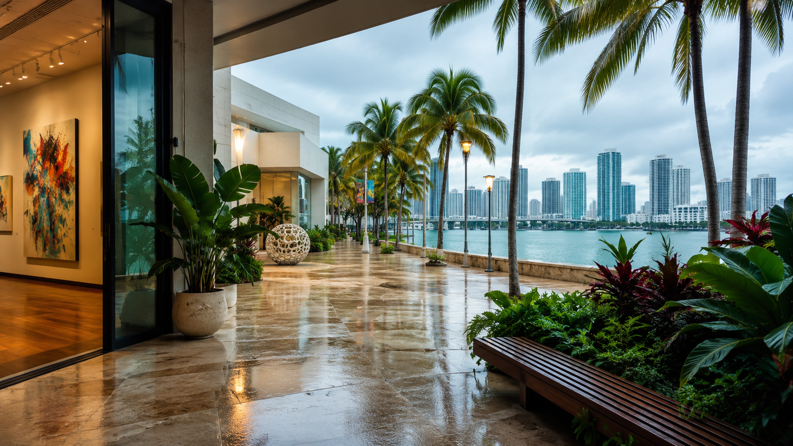 Rainy-day Miami backup hero with covered waterfront and skyline