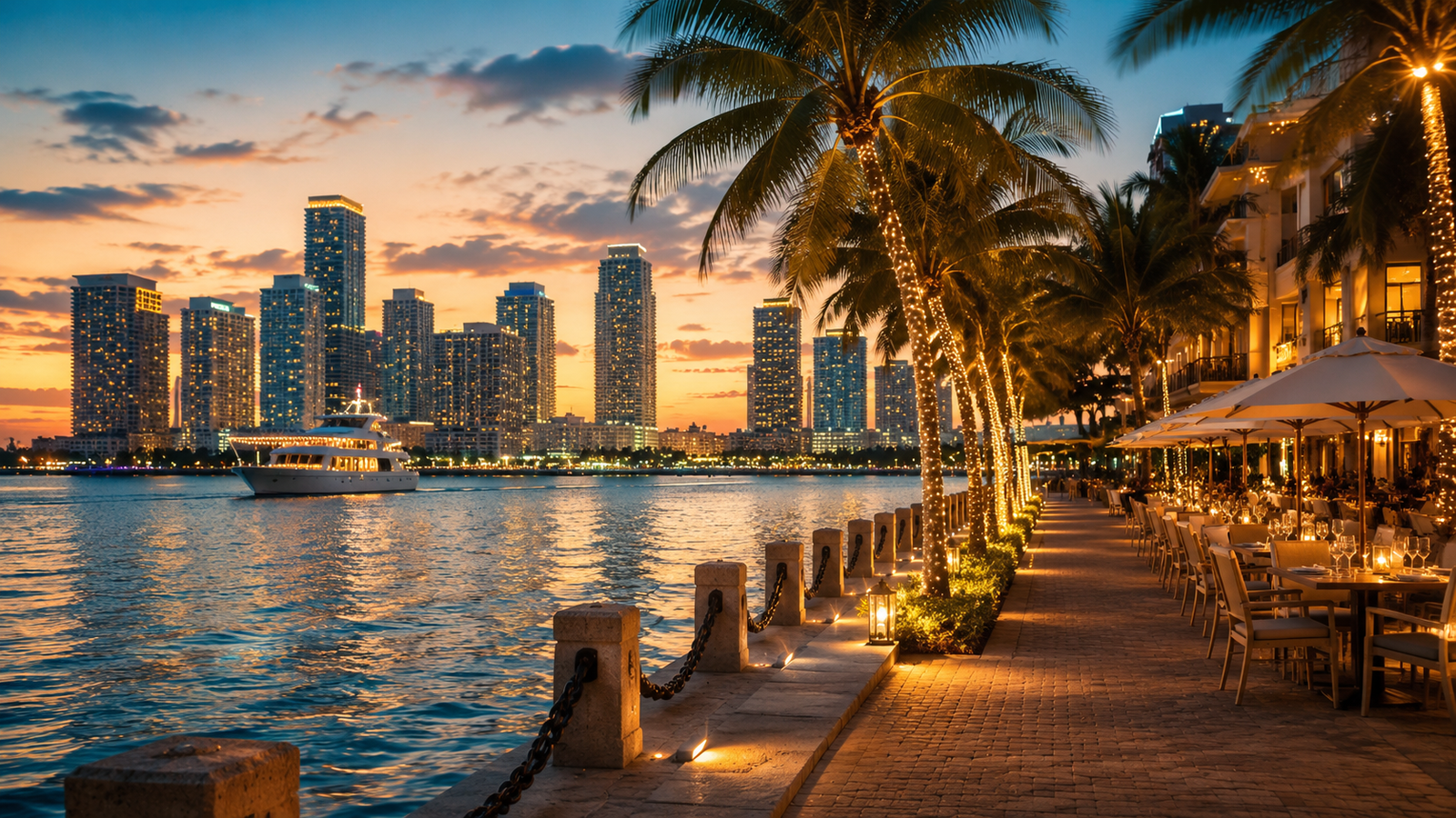 Evening Miami waterfront and skyline scene for tonight planning