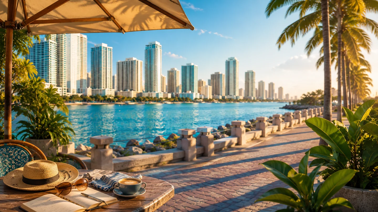 Late-summer Miami waterfront planning scene with palms, Biscayne Bay, and the skyline