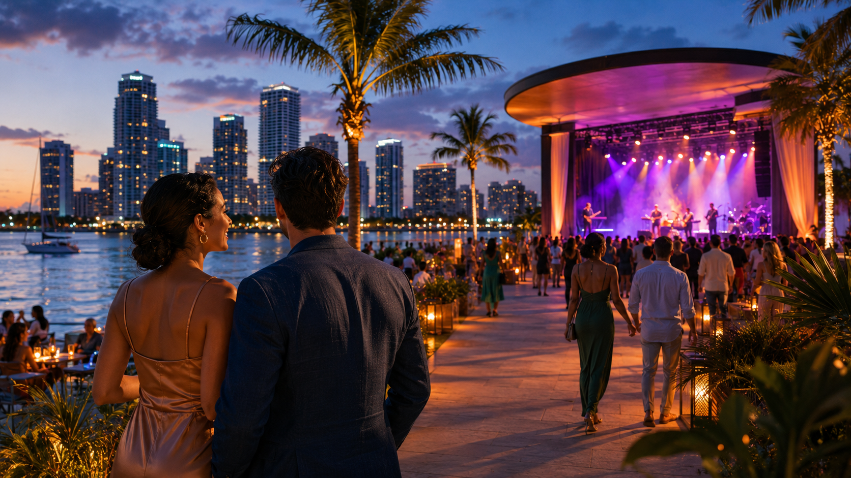 A lively Miami evening venue scene with music, waterfront lights, and date-night energy.