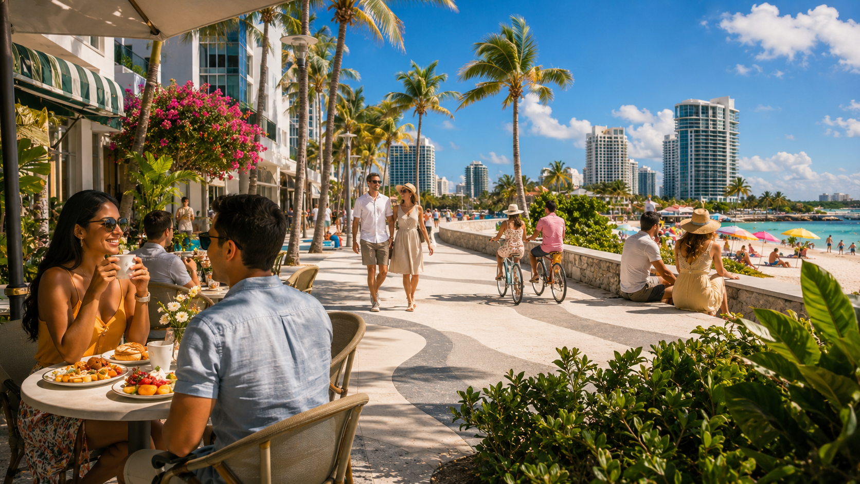 A bright Miami beachfront promenade with cafés, palms, and an easygoing visitor-day atmosphere.