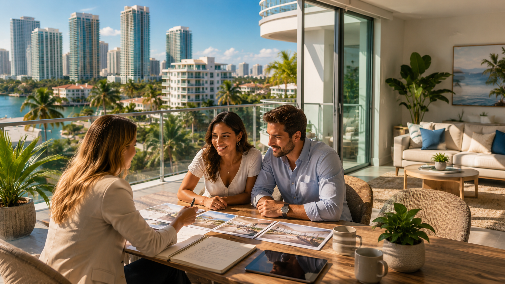 A bright Miami residential consultation scene with a couple reviewing housing options.