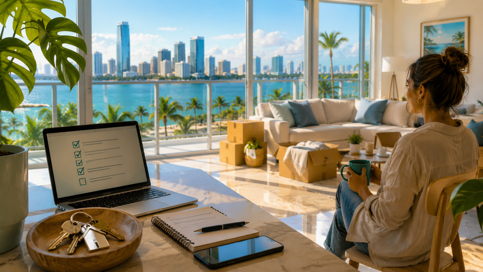 A calm Miami apartment setup scene with keys, moving boxes, and a practical first-month checklist.