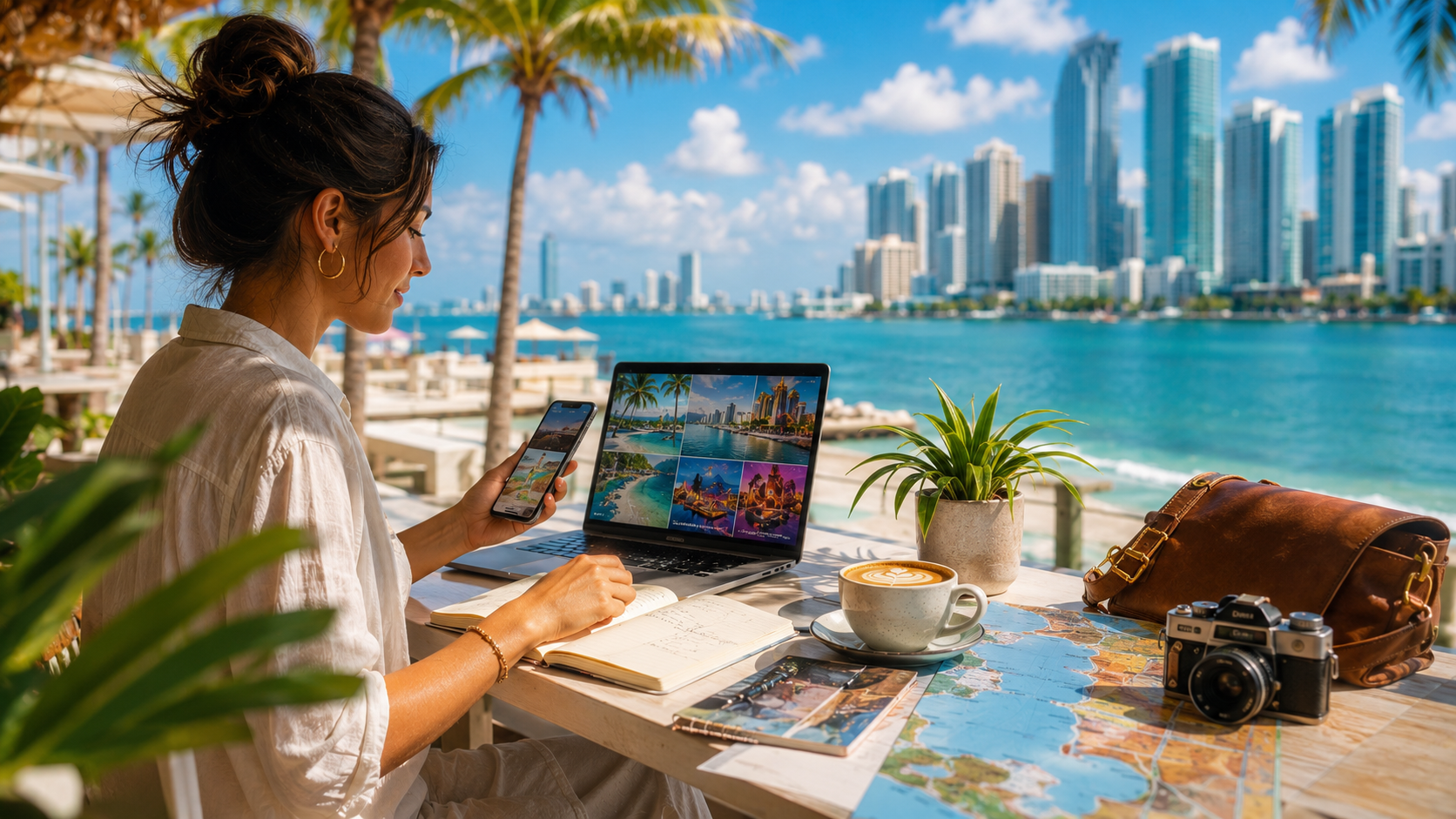A focused travel-planning scene by the water with Miami notes, a laptop, and a planning companion feel.
