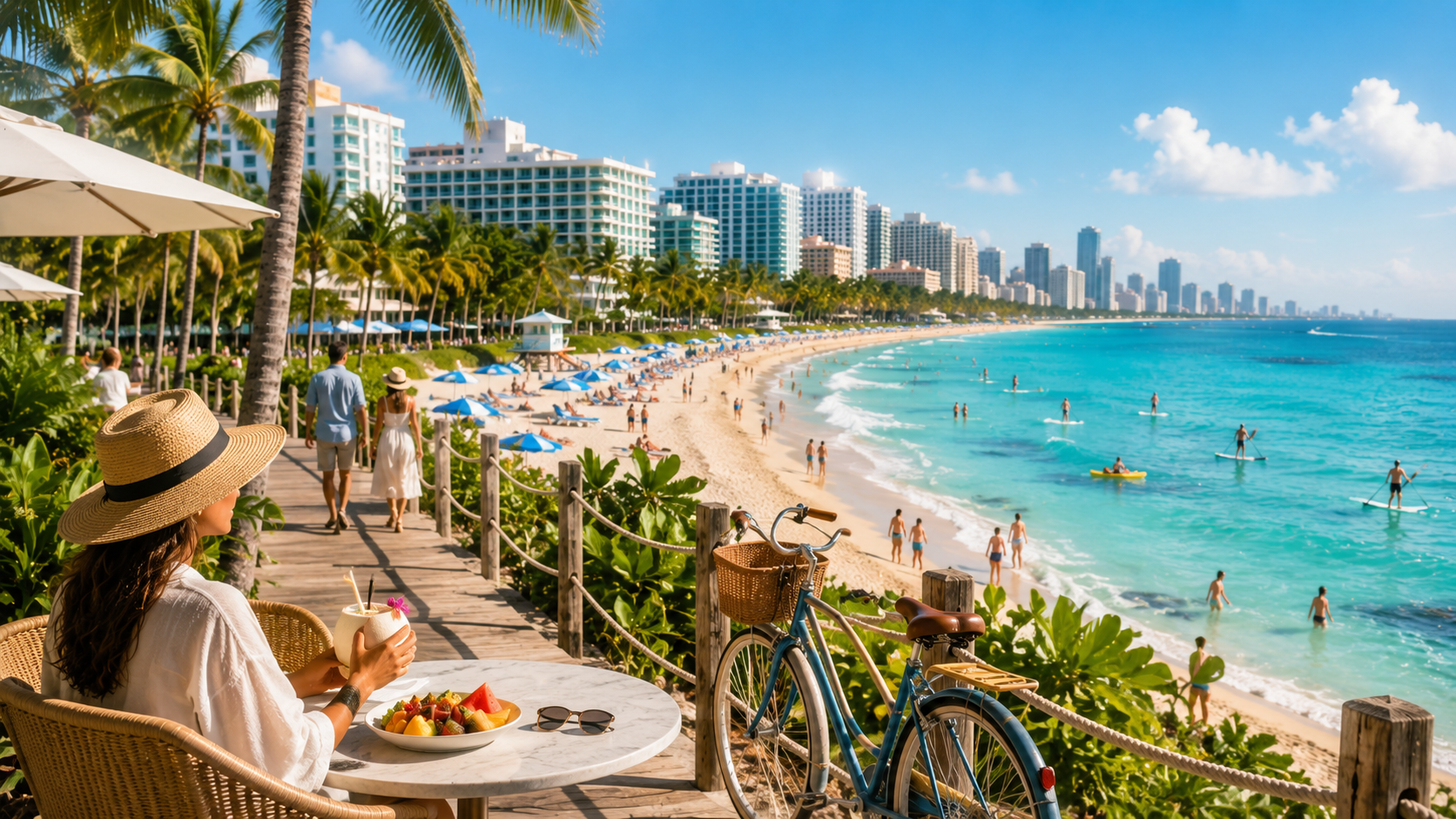 Miami beach-day card with water, shade, parking, and simple packing cues
