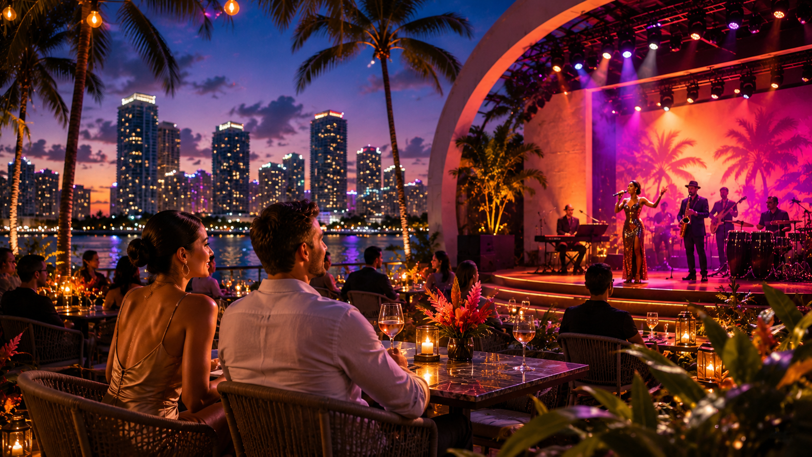 Miami evening plan card with sunset, dinner, and walk cues