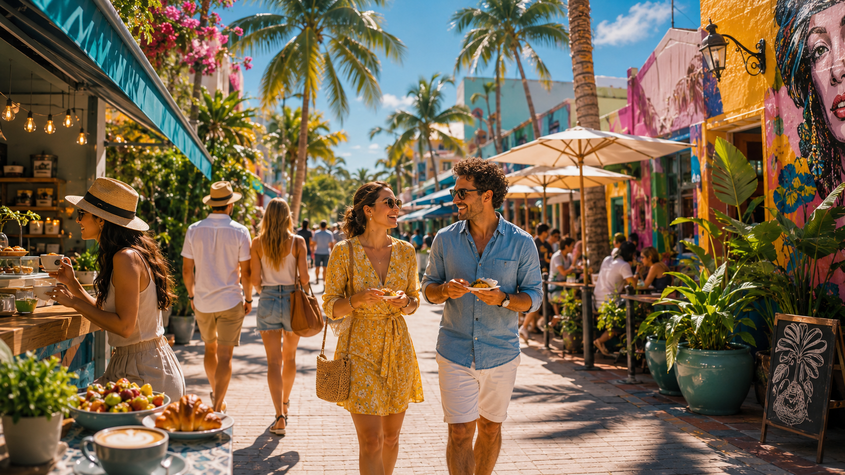 Miami food and stroll card with coffee, lunch, browsing, and walking cues